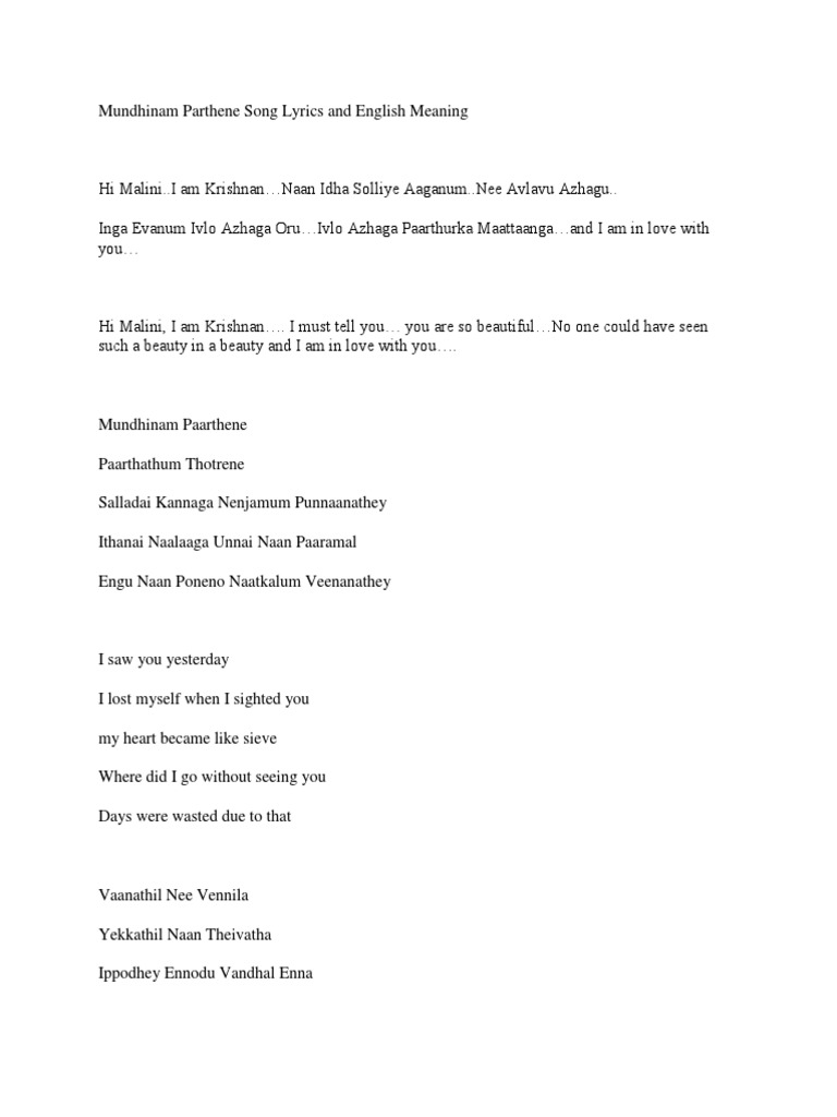 Mundhinam Parthene Song Lyrics And English Pdf Nature