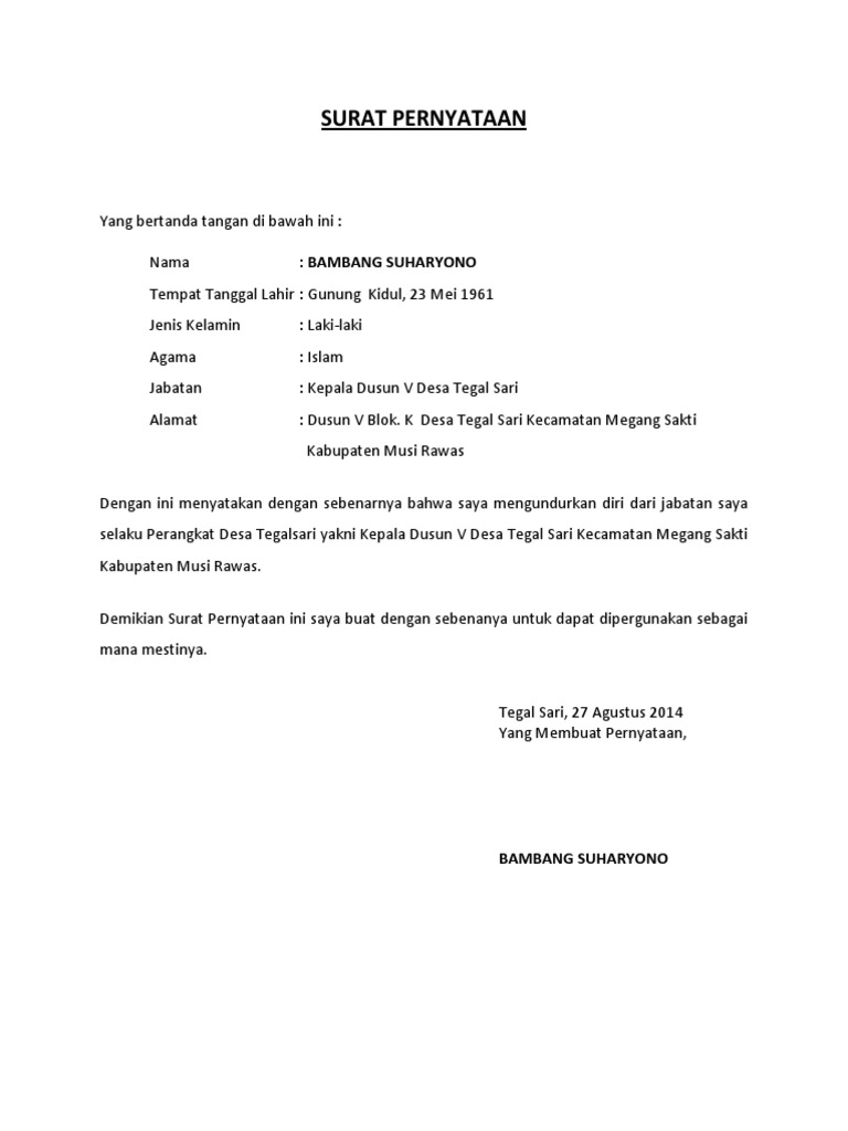 Pernyataan Pengunduran Diri Dari Perangkat Desa