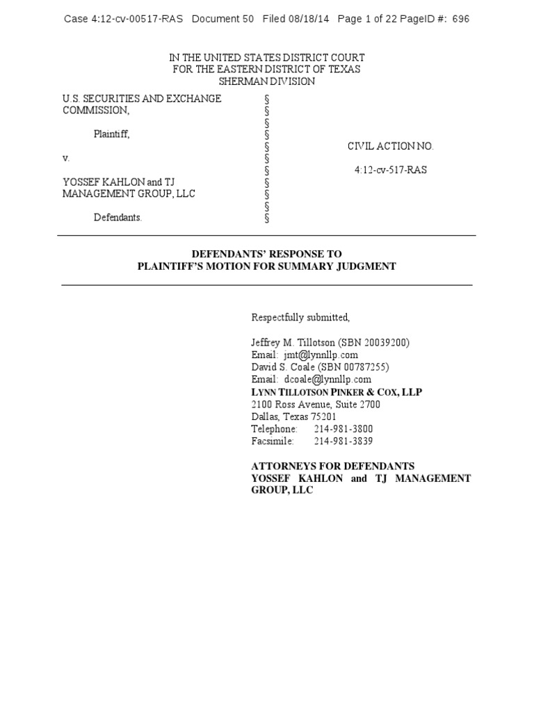 Defendants' Response To Plaintiff'S Motion For Summary Judgment | PDF
