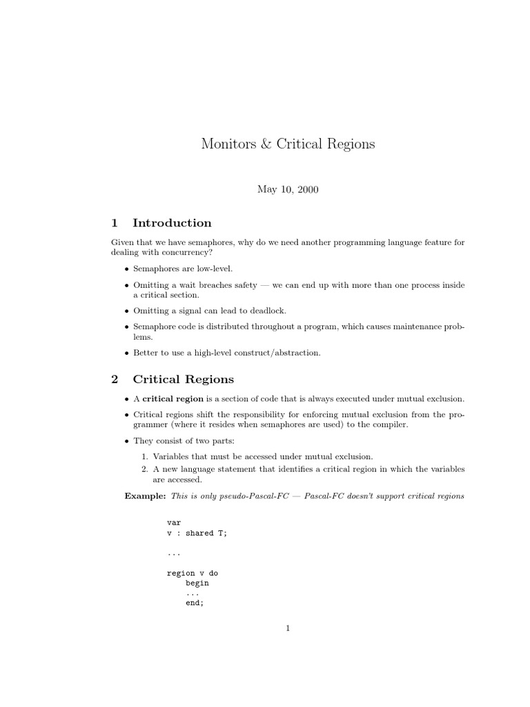 Monitors & Critical Regions Example This Is Only pseudoPascalFC
