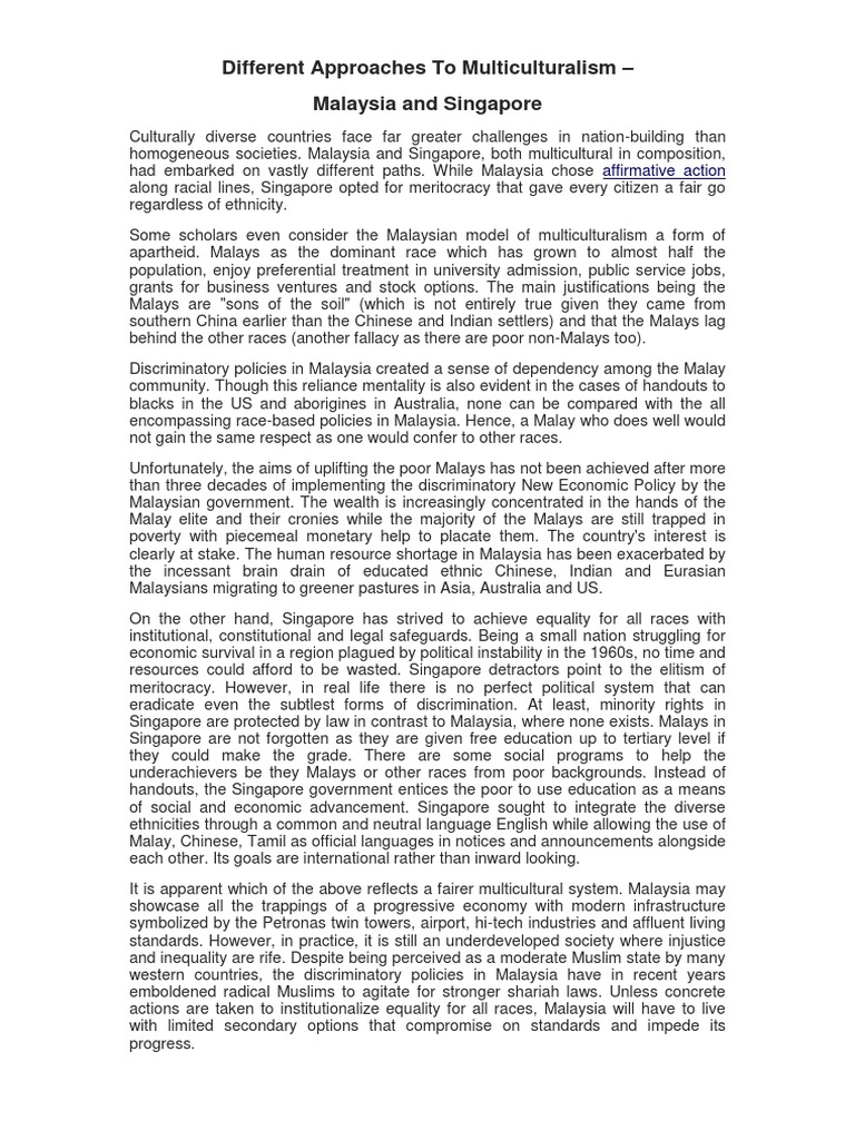Multiculturalism in Malaysia vs. Singapore | PDF | Malaysia ...