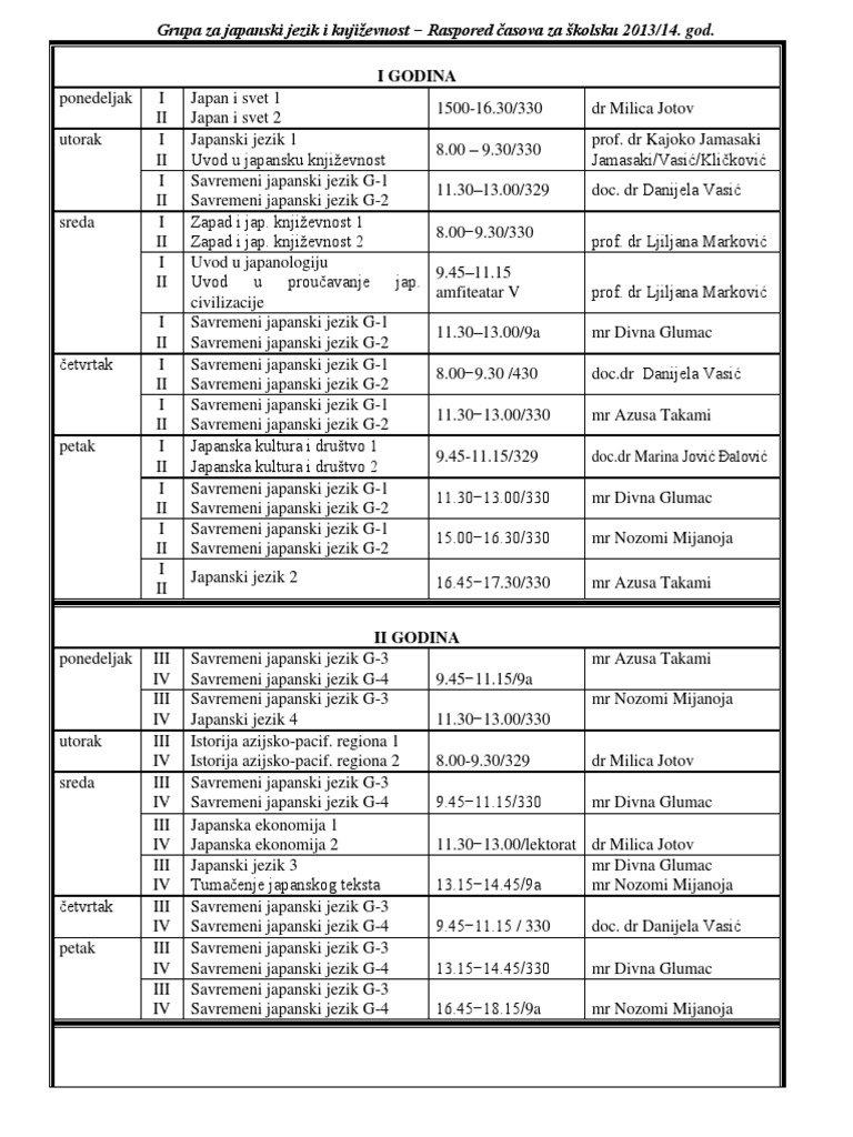 Raspored časova japanskog jezika 2013/14 | PDF | Foreign Language Studies