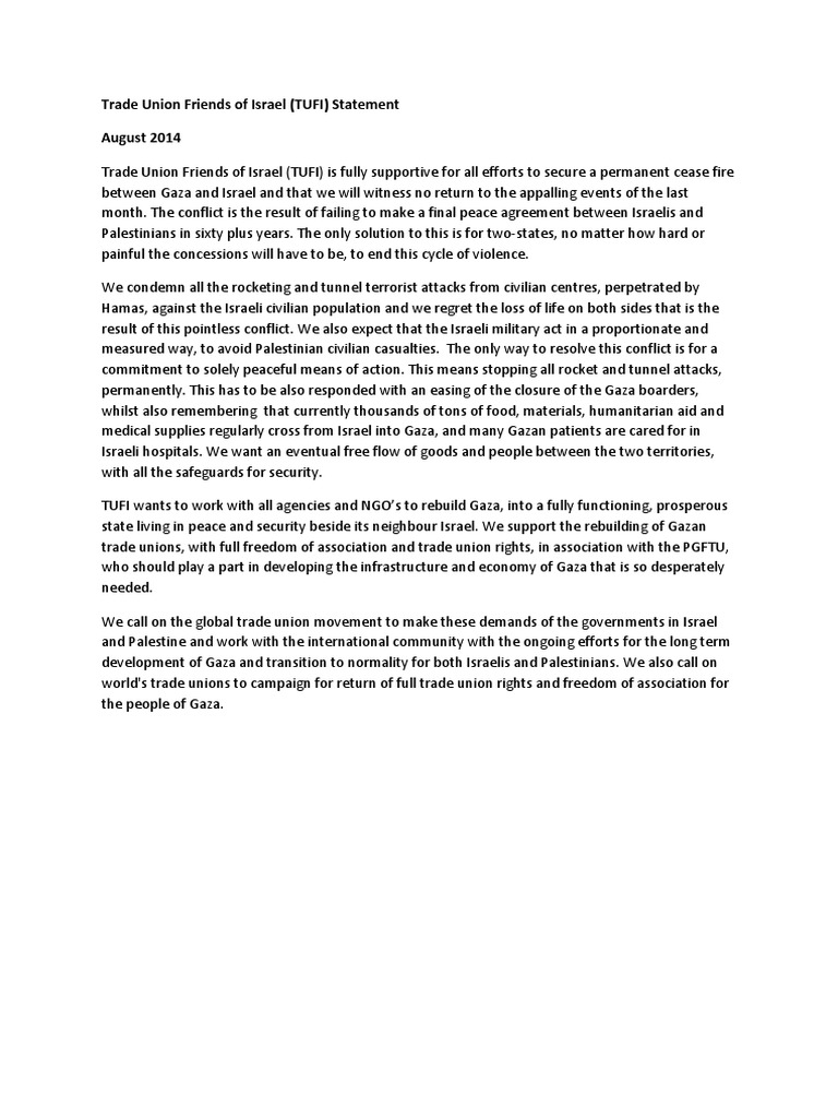 Trade Union Friends of Israel (TUFI) Statement August 2014 | PDF ...