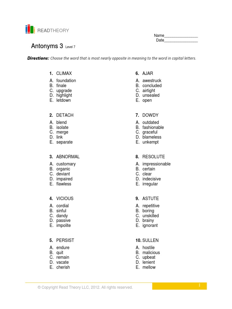 Level 7 Antonyms 3 | PDF | Vocabulary | Lexicology