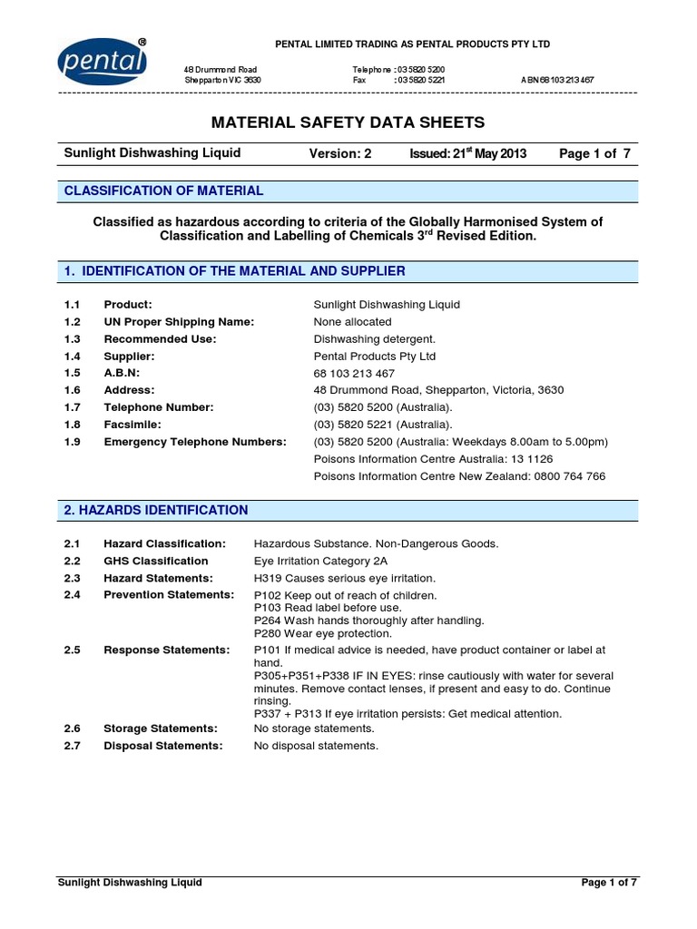 Sunlight Dishwashing Liquid New MSDS Dangerous Goods Toxicity
