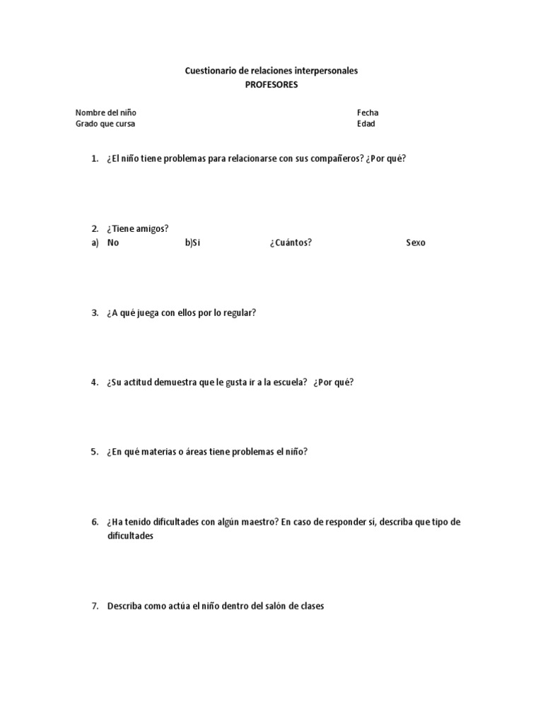 Cuestionario de Relaciones Interpersonales | PDF | Crecimiento personal ...