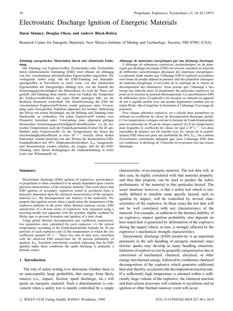 Electrostatic Discharge Ignition of Energetic Materials PDF