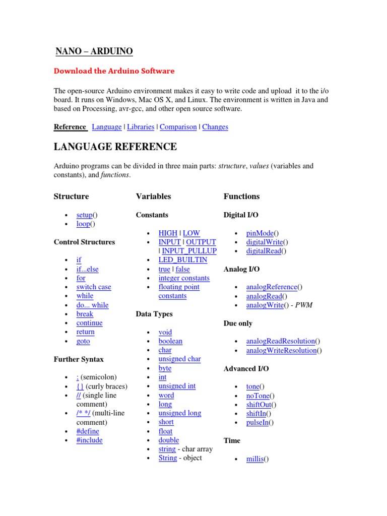 Language Reference: Nano - Arduino | PDF | Control Flow | Integer ...