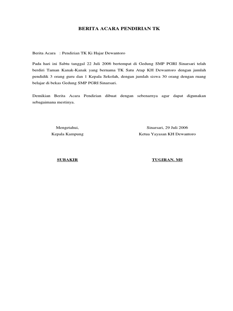 Berita Acara Pendirian Tk