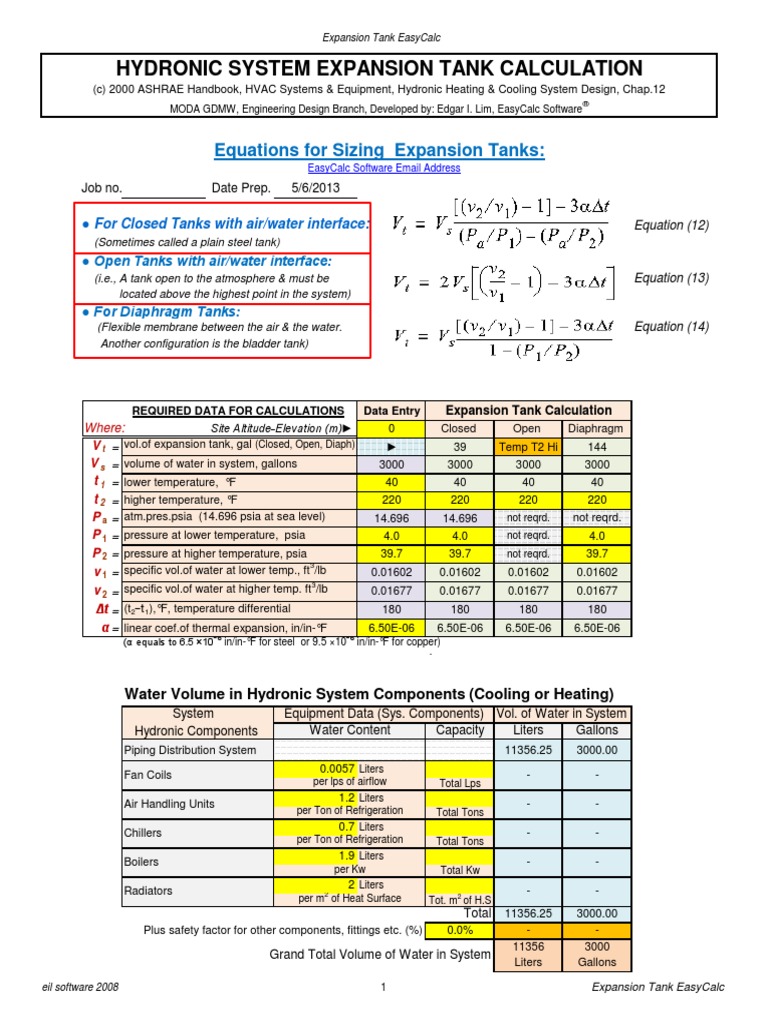Expansion Tank Sizing Calculation Hydronic System PDF Thermal