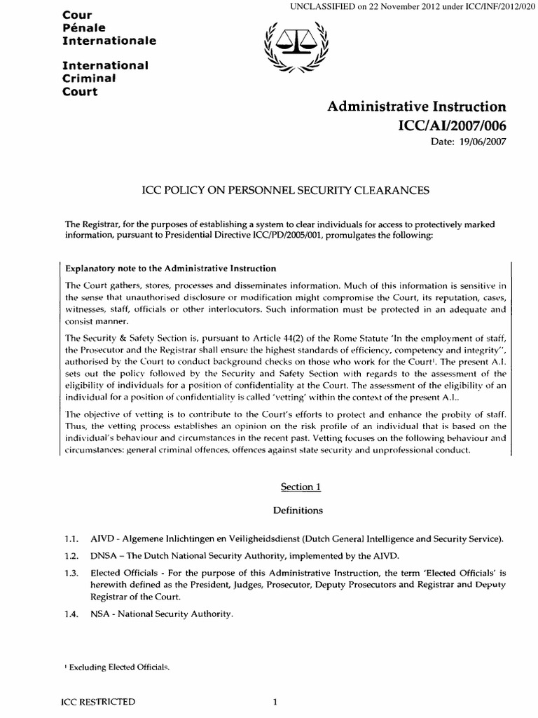 ICC Policy on Personnel Security Clearances Security Clearance