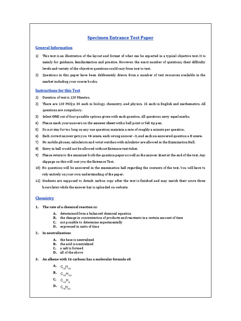 Shifa College of Medicine NTS Entry Test Sample Paper PDF Carbon
