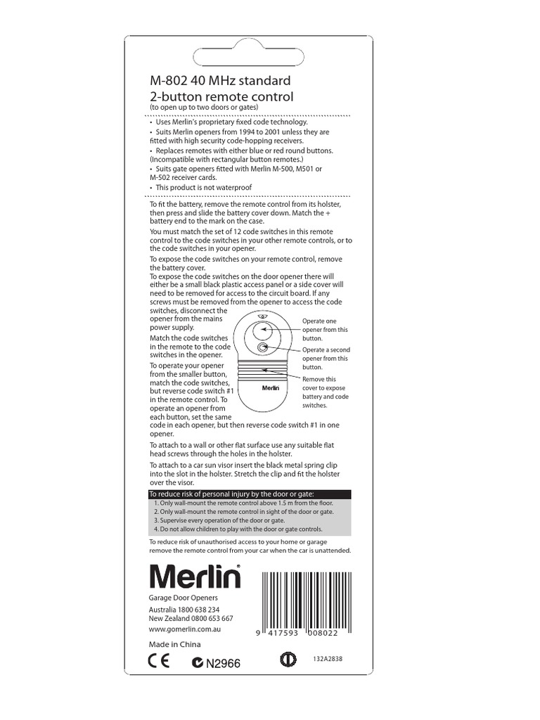 Merlin M-802 Remote Control Guide | PDF
