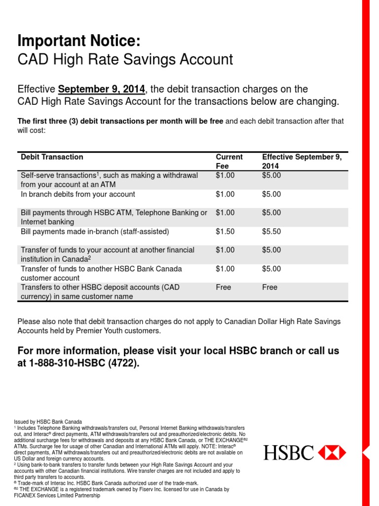 HSBC CAD High Rate Savings Fees Update | PDF | Debit Card | Deposit Account