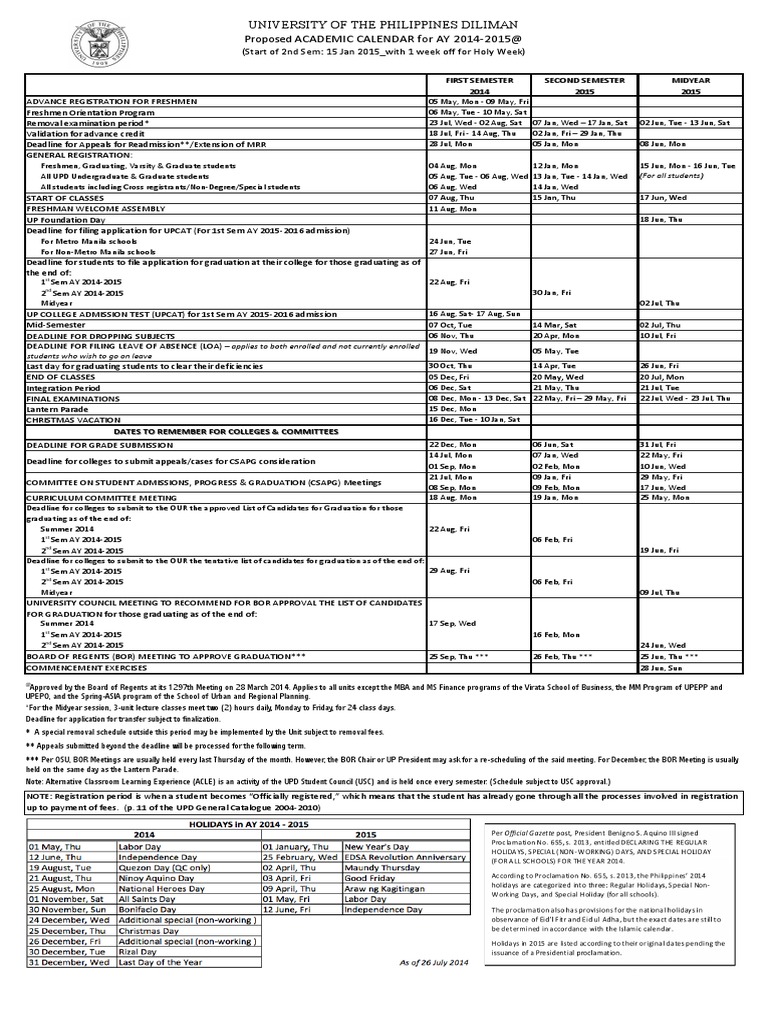 University of The Philippines Diliman ACADEMIC (CALENDAR (For (AY