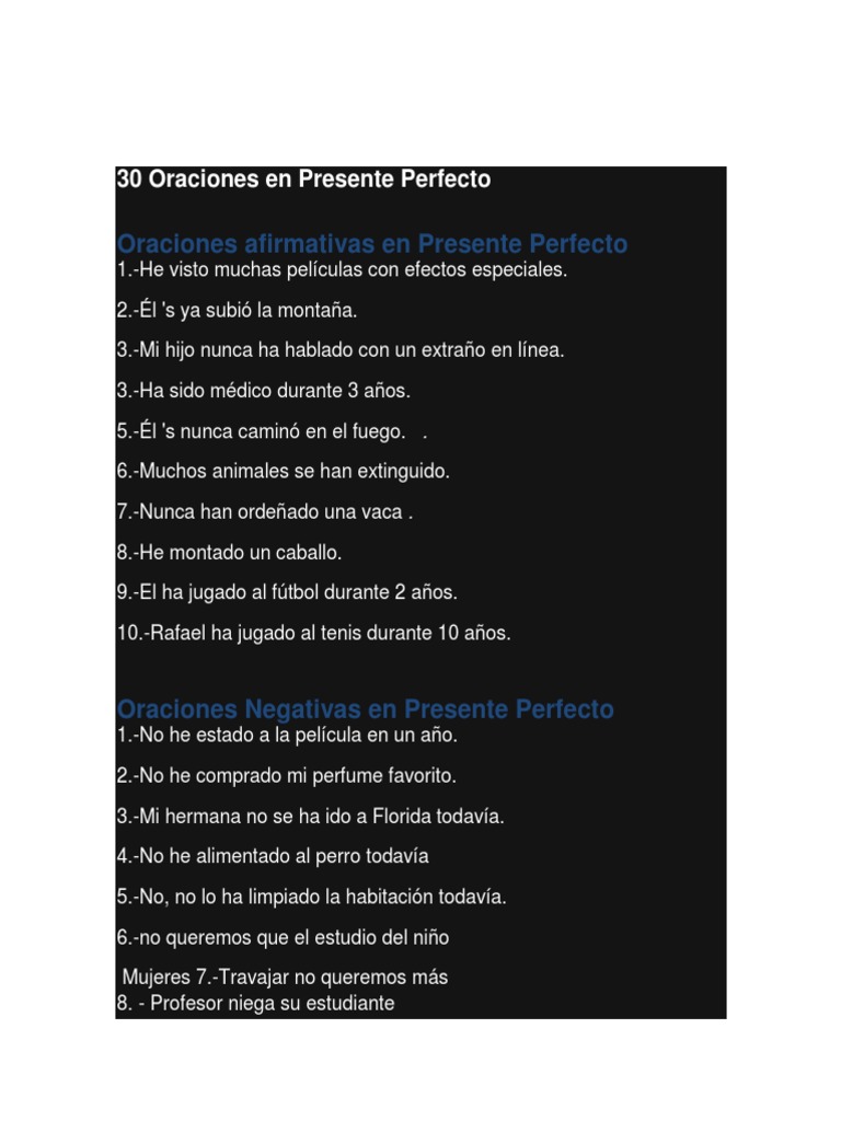 30 Oraciones en Presente Perfecto | PDF