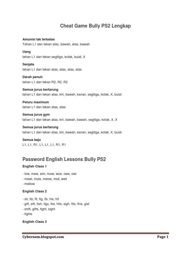 Cheat Game Bully Ps2 Lengkap Pdf