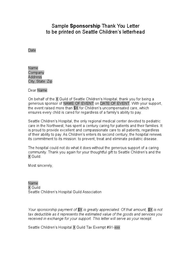 Sample Thank You Letter SPONSORSHIP PDF Payments Government