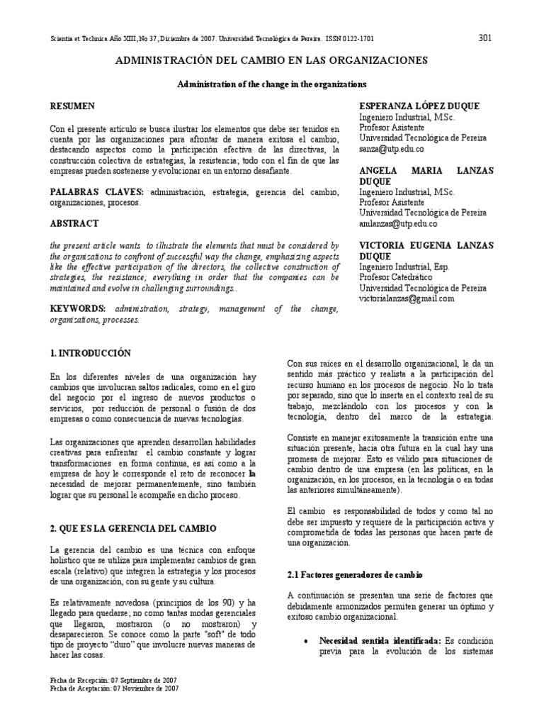 Administracion Del Cambio en Las Organizaciones | PDF | Toma de ...