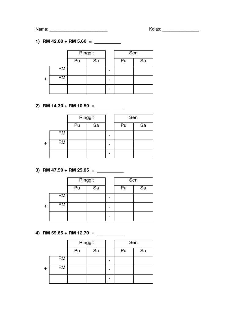 Malaysian Ringgit Math Worksheet | PDF