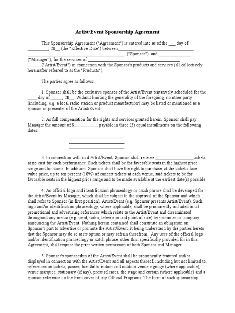 Artist-Event Sponsorship Agreement  PDF  Dispute Resolution Throughout corporate sponsorship agreement template