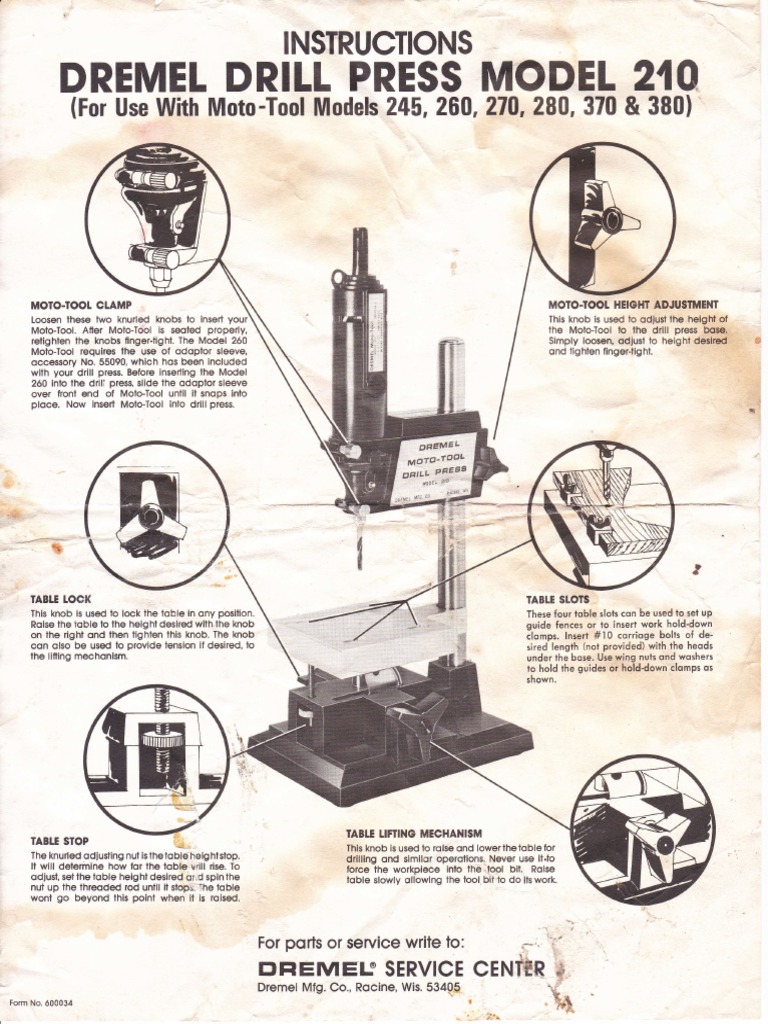 Dremel Drill Press Model 210 Instructions Metalworking Mechanical