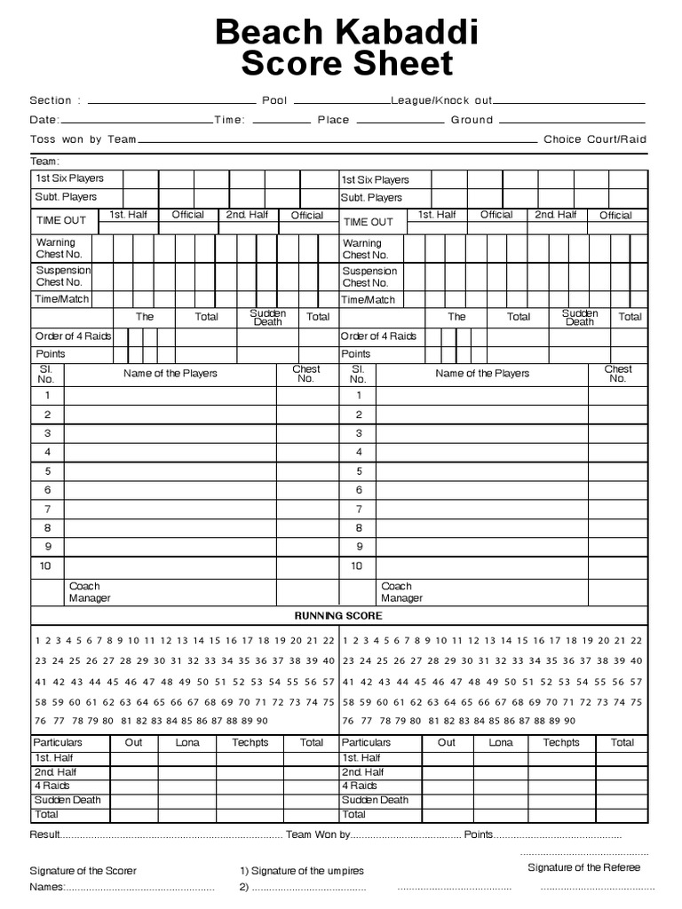 Beach Kabaddi Score Sheet