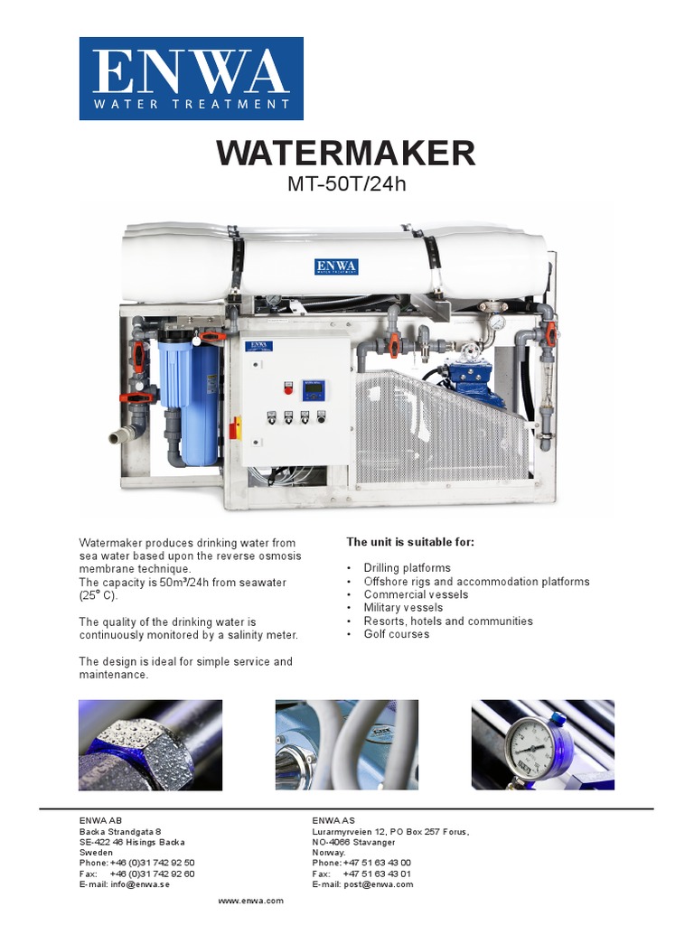MT-50T Reverse Osmosis Watermaker | PDF | Seawater | Pump