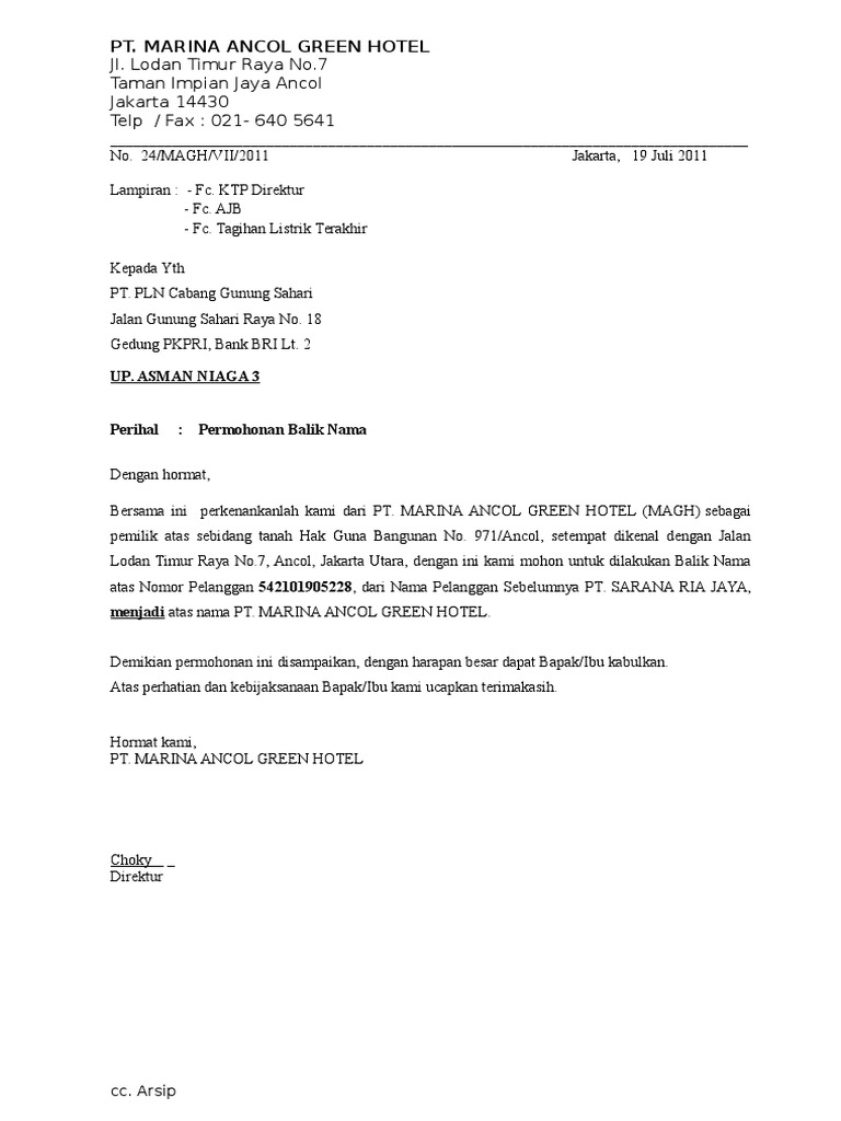 Surat Permohonan Balik Nama PLN Doc