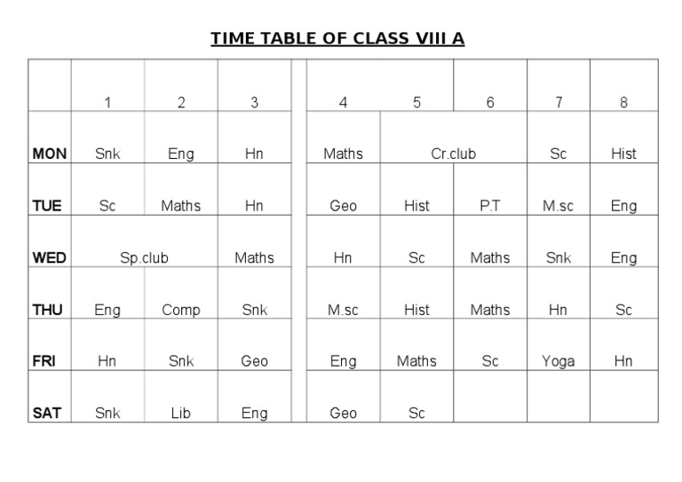 Class VIII A Weekly Time Table | PDF