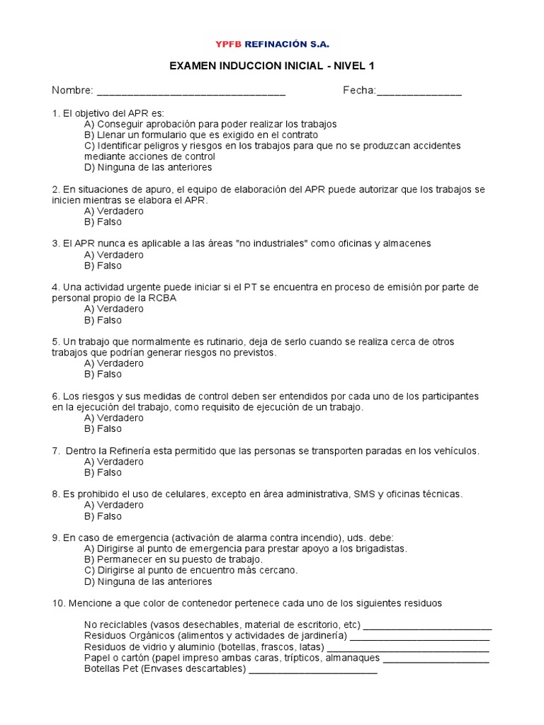 Examen Induccion Inicial Nivel 1 Pdf