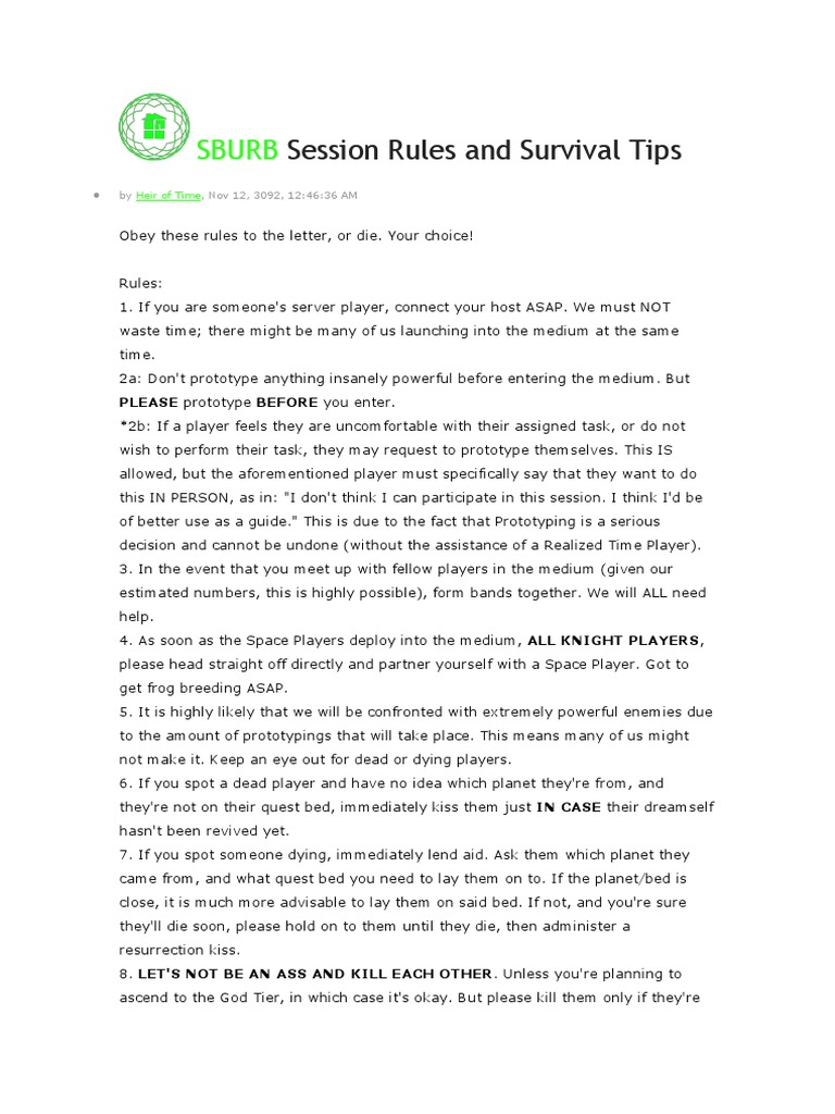 SBURB Session Rules and Survival Tips | PDF | Law | Self-Improvement