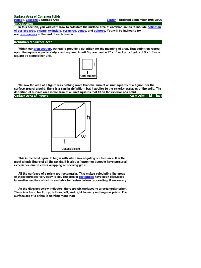 Surface Area Calculations for Solids | PDF | Area | Surface Area