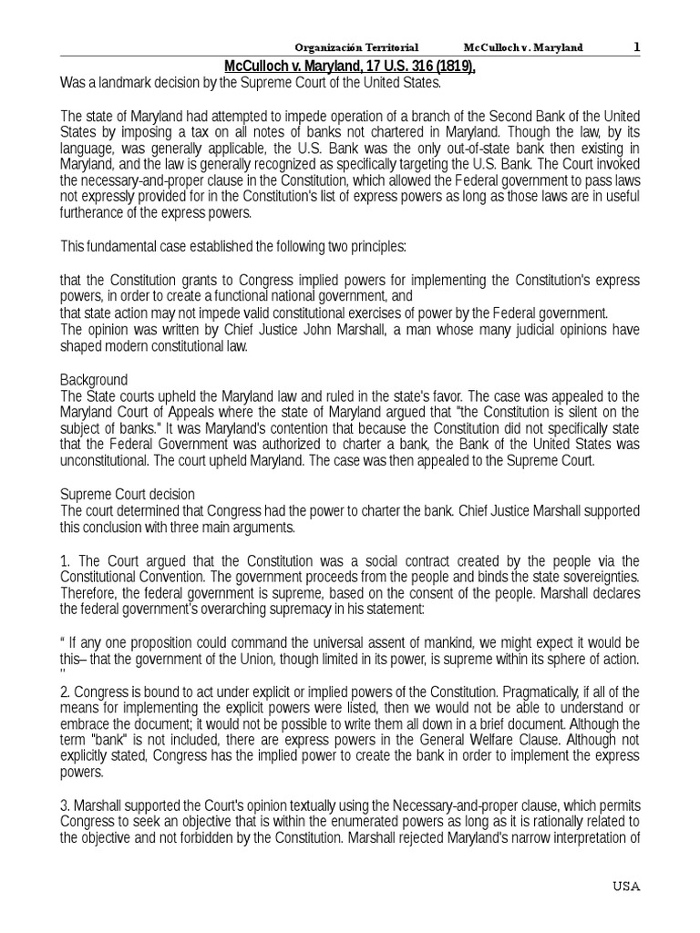 Mcculloch V Maryland U S State Legal Documents
