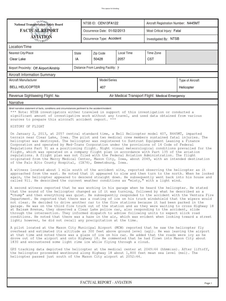 Medical helicopter crash NTSB report National Transportation Safety