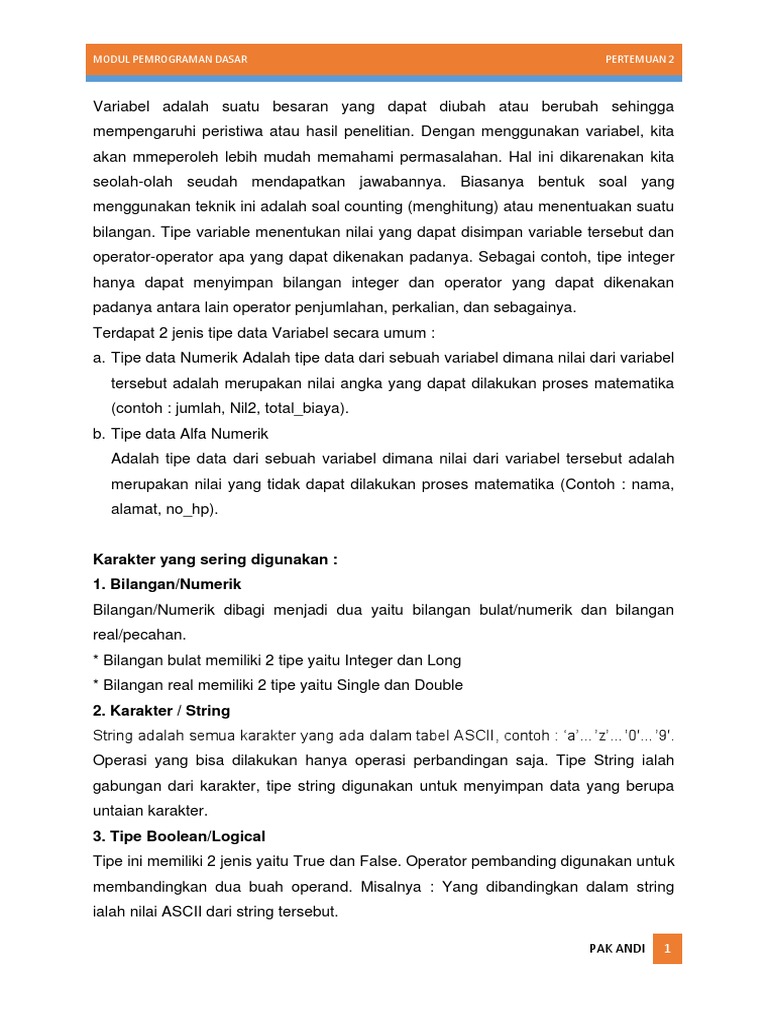 Modul Pemrograman Dasar Pertemuan 2 | PDF