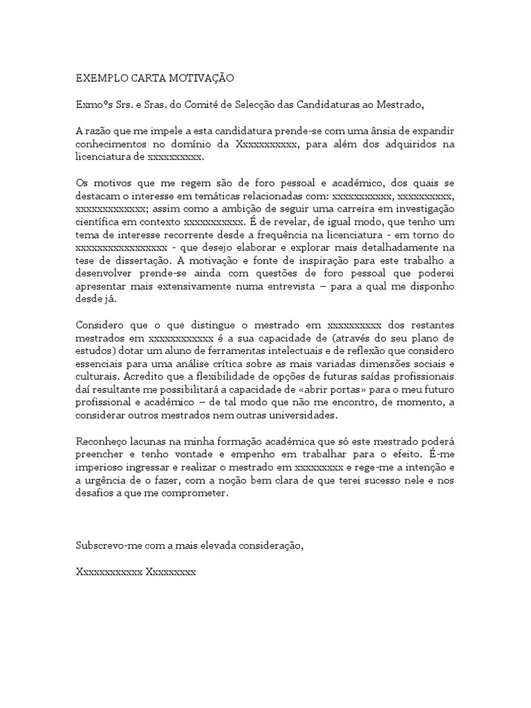 Carta Motivaçao Exemplo  Mestrado  Motivação