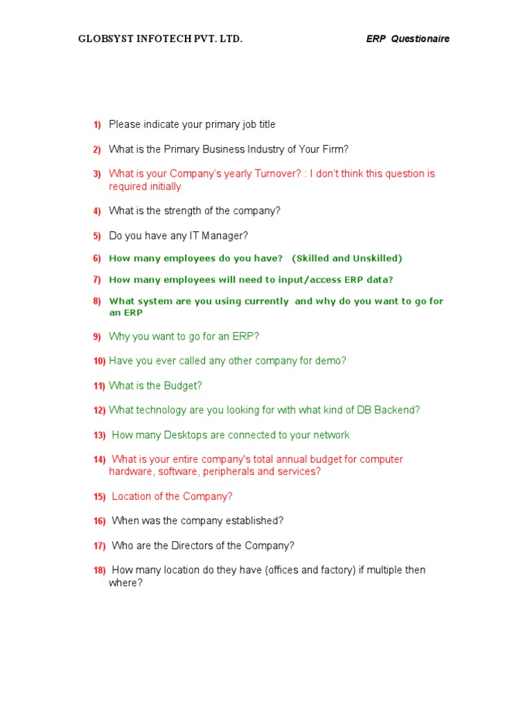 ERP Implementation Questionnaire | PDF | Business | Computers