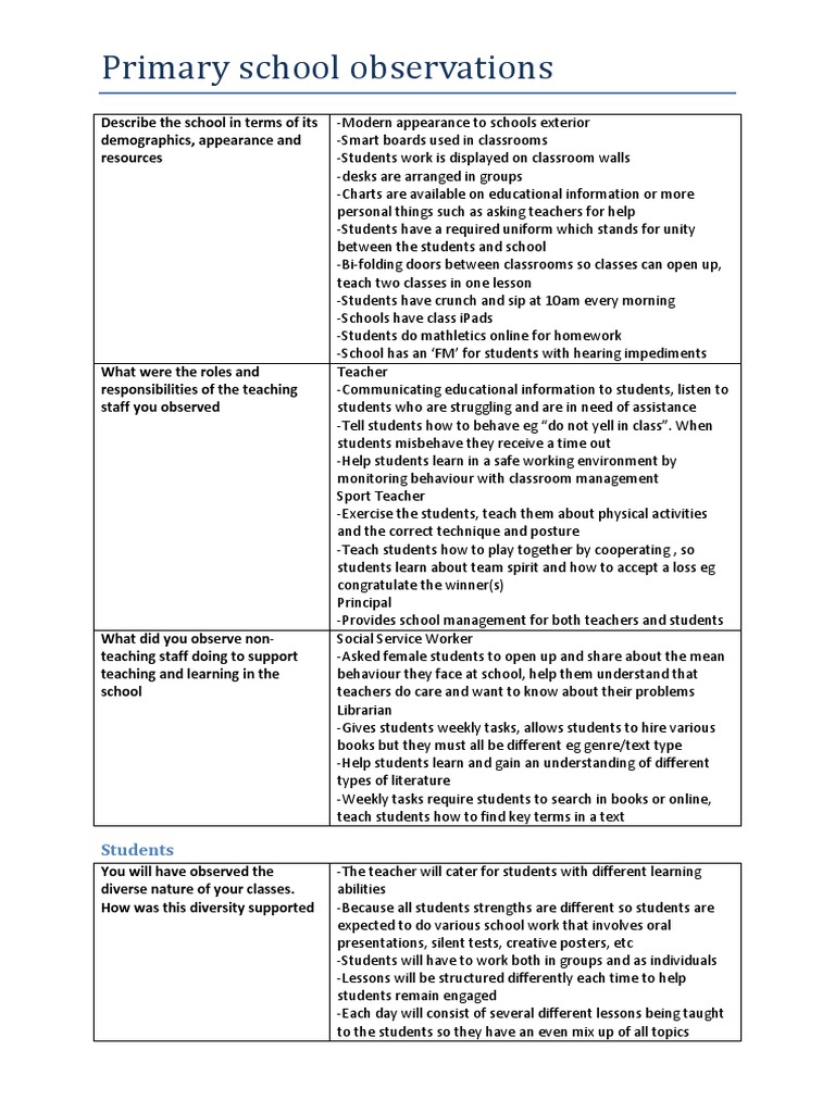 Primary School Observations | PDF | Classroom Management | Classroom