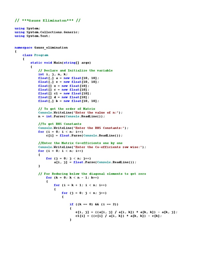 Gauss Elimination Method in C# | PDF | Algorithms | C Sharp ...