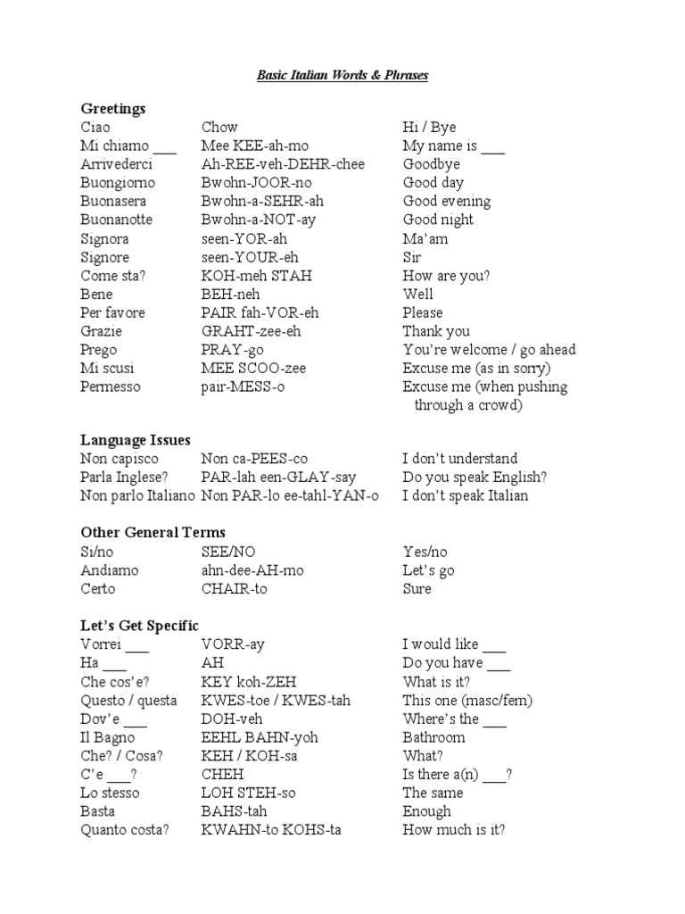 Greetings: Basic Italian Words & Phrases | PDF