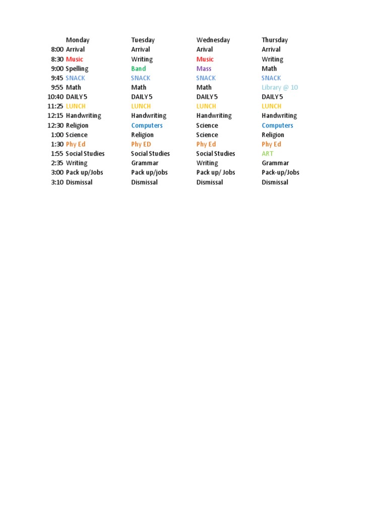 Weekly Class Schedule Overview | PDF | Language Arts & Discipline