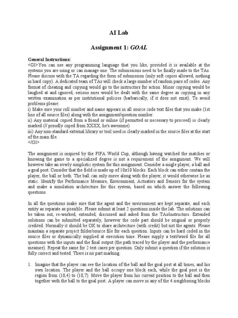 AI Lab Assignment 1: GOAL: General Instructions | PDF | Areas Of ...