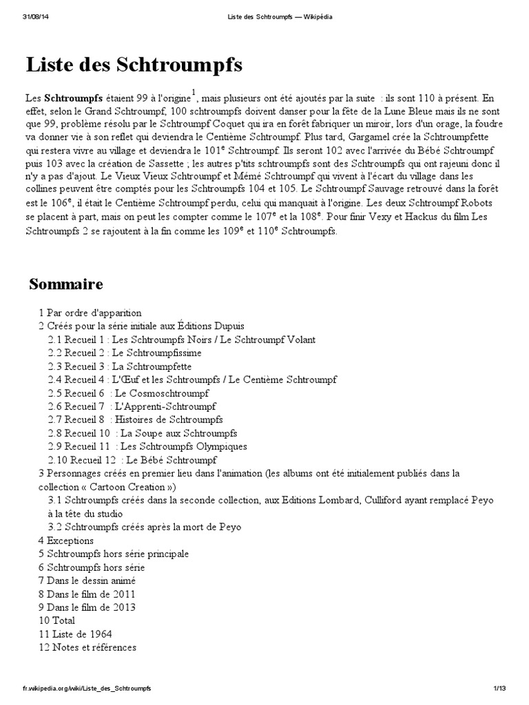 Liste Des Schtroumpfs Pdf Bandes Dessinees Belges Bandes Dessinees Belges
