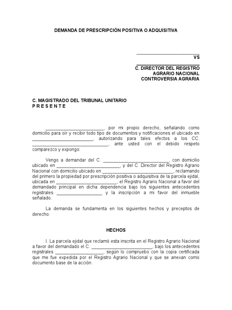 Demanda de Prescripcion Positiva o Adquisitiva | PDF