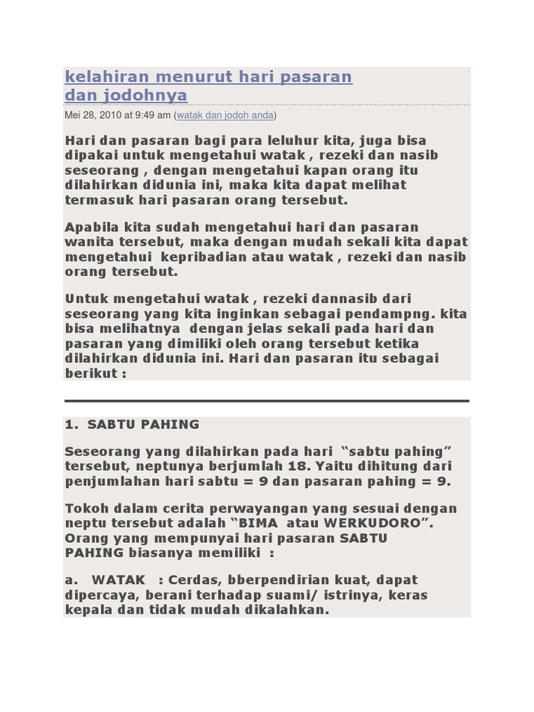 Kelahiran Menurut Hari Pasaran Dan