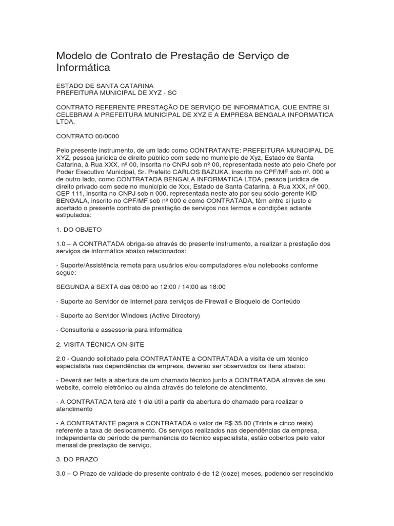 Modelo de Contrato de Prestação de Serviço de Informática | PDF |  Informática | Computação e Tecnologia da Informação