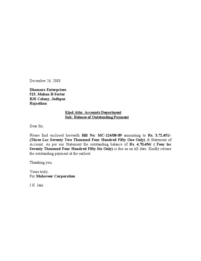 Payment Release Letter Dhamora Enterprises Business