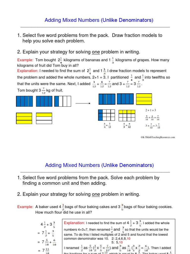 Adding Mixed Numbers With Unlike Denominators | PDF