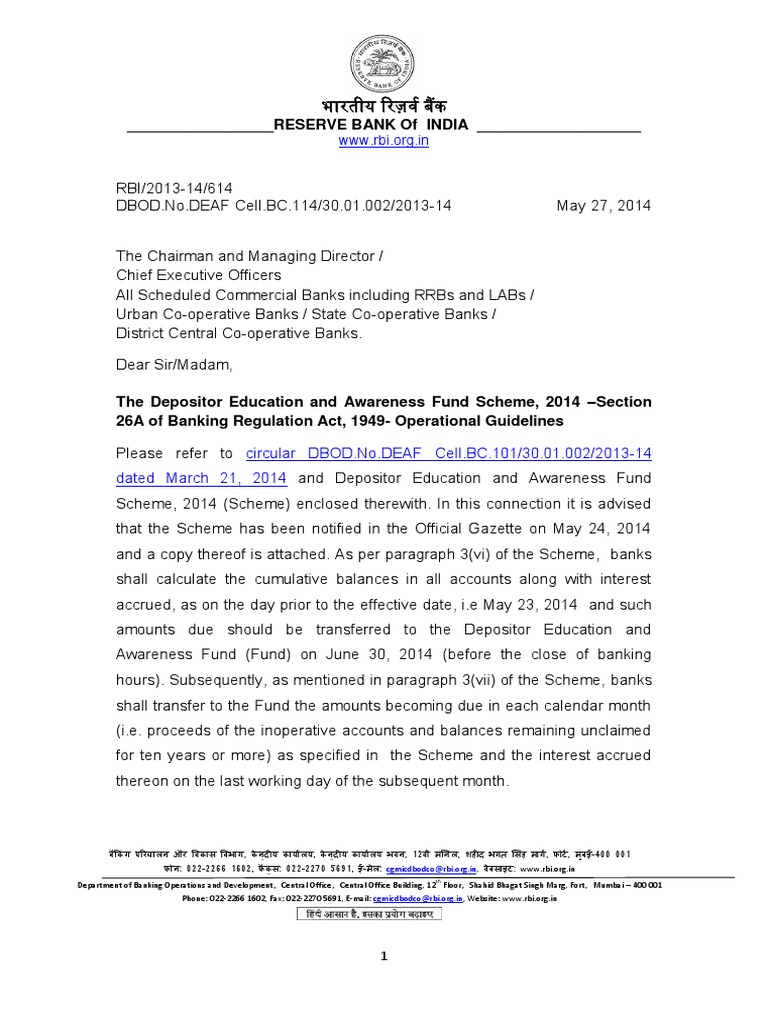 DEAF Account Guidelines by RBI | PDF | Deposit Account | Financial ...
